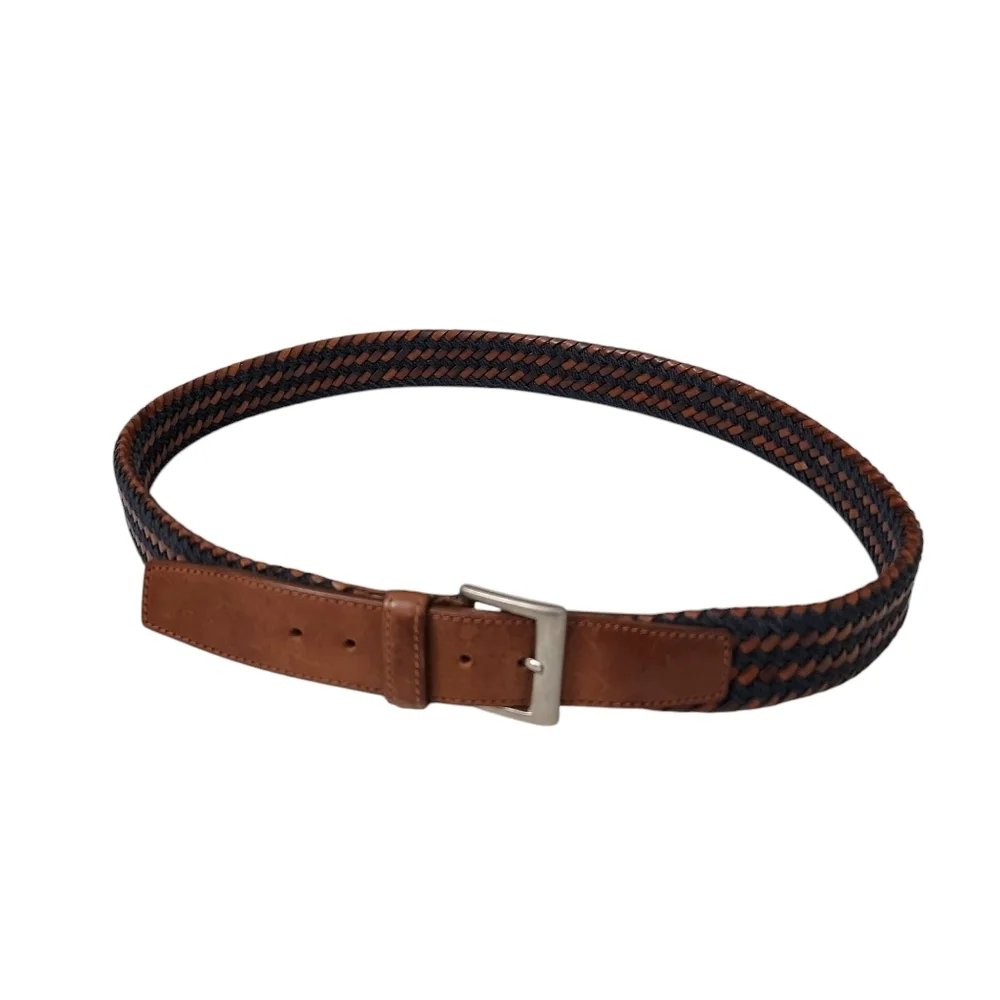 Longhi Belt Mens 40 Brown Blue Braided Woven Stretch Made‎ In Italy Solid Brass